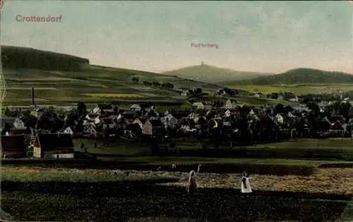 Ak Crottendorf in Sachsen, Ortspanorama mit Blick zum Fichtelberg, Kinder auf dem Feld