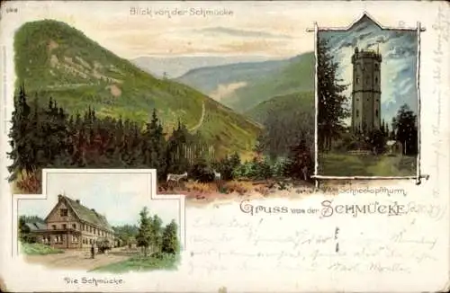 Litho Gehlberg Suhl Thüringen, Gruß aus der Schmücke, Schneekopfturm