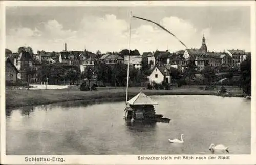 Ak Schlettau im Erzgebirge, Schwanenteich mit Blick nach der Stadt