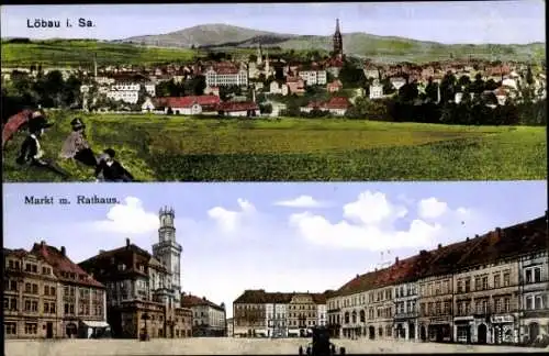 Ak Löbau in Sachsen, Panoramablick auf den Ort, Markt mit Rathaus