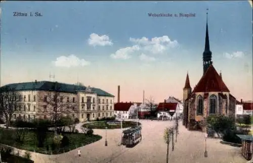 Ak Zittau in der Oberlausitz, Weberkirche, Hospital, Straßenbahn