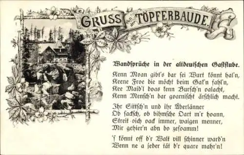 Ak Passepartout Litho Oybin in Sachsen, Gruß von der Töpferbaude, Wandsprüche