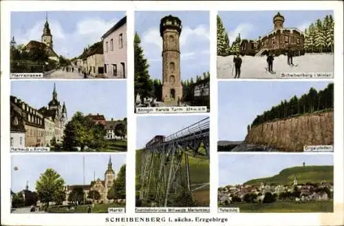 Ak Scheibenberg im Erzgebirge Sachsen, Rathaus, Kirche, Königin Karola Turm, Eisenbahnbrücke