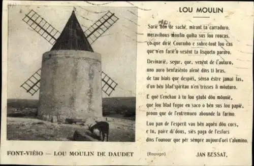 Ak Fontvieille en Provence Bouches du Rhône, Font Vieio, Lou Moulin de Daudet, Gedicht