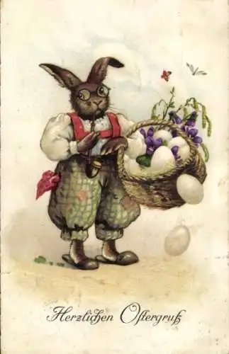 Ak Glückwunsch Ostern, Osterhase, Ostereier, Pfeife, Schmetterling