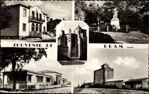 Ak Bram Aude, la Mairie, Monument aux Morts, les nouvelles Ecoles, les Silos