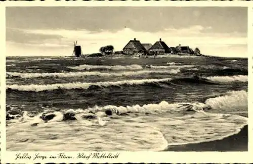 Ak Hallig Hooge in Nordfriesland, Warft Mitteltritt, Sturm