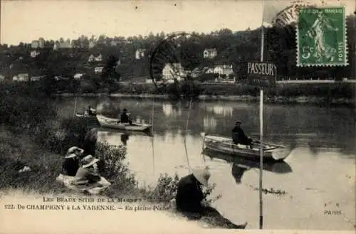 Ak Champigny sur Marne Val de Marne, am Ufer der Marne, Angler in Booten