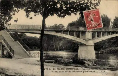 Ak Saint Maur Créteil Val de Marne, Les Bords de la Marne, nouvelle passerelle