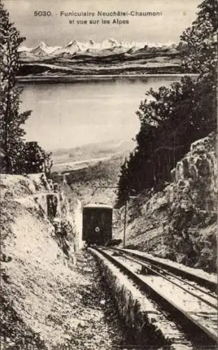 Ak Neuchâtel Neuenburg Stadt, Funiculaire Neuchatel-Chaumont et vue sur les Alpes, Standseilbahn