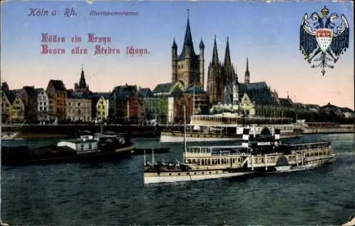 Ak Köln am Rhein, Rheinpanorama, Schiffe, Dom, Gedicht, Wappen