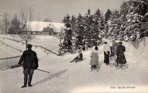 Ak Wintersport, Schlittenfahrer, Bäume