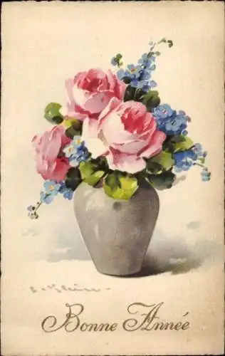 Künstler Ak Klein, Catharina, Fröhliches Neujahr, Blumenvase, Rosen, Vergissmeinnicht