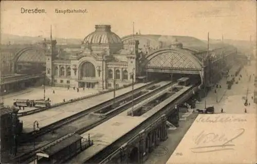 Ak Dresden Altstadt Seevorstadt, Hauptbahnhof, Straßenbahn