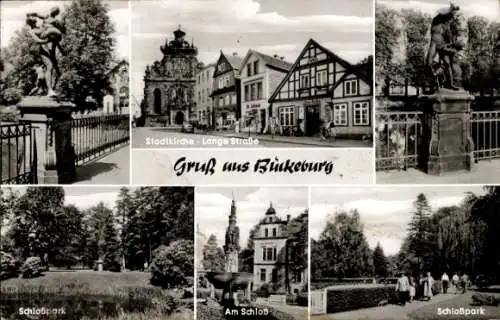 Ak Bückeburg im Kreis Schaumburg, Stadtkirche, lange Straße, Schlosspark, Schloss, Statue