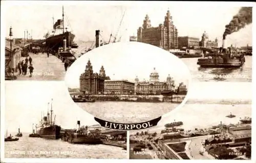 Ak Liverpool Merseyside England, Linienschiff an Anlegestelle, Cunard & Dockbüros