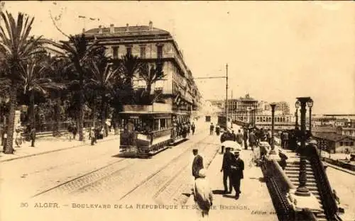 Ak Algier Alger Algerien, Boulevard de la République et Square Bresson, Straßenbahn