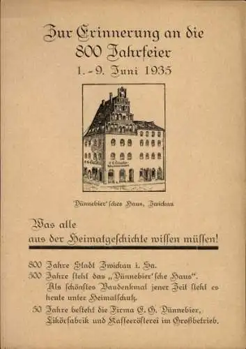 Ak Zwickau in Sachsen, Dünnebier´sches Haus, 800 Jahrfeier 1.-9. Juni 1935