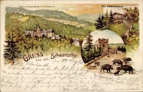 Litho Schwarzburg in Thüringen, Schloss Schwarzburg vom Helenesitz, Das Schweizerhaus, Am Eberstein