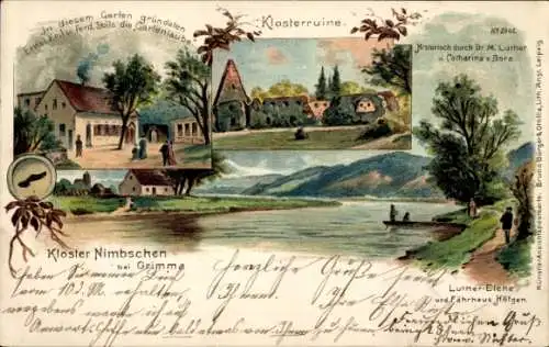 Litho Nimbschen Böhlen Grimma in Sachsen, Klosterruine, Luther Eiche, Fährhaus Höfgen, Gartenlaube