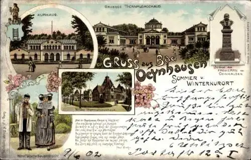 Litho Bad Oeynhausen in Westfalen, Thermalbadehaus, Volkstracht, Denkmal