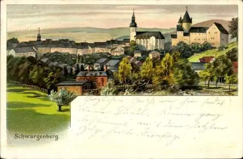 Litho Schwarzenberg im Erzgebirge Sachsen, Teilansicht, Kirche, Schloss