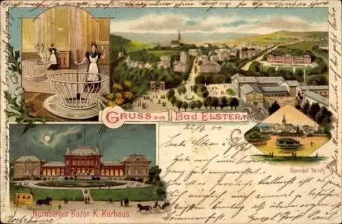 Litho Bad Elster im Vogtland, Stadtansichten, Gondelteich, Quelle, Nürnberger Bazar