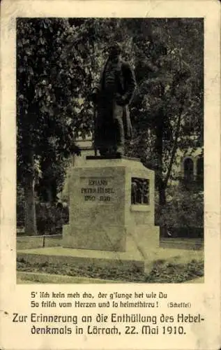 Ak Lörrach in Baden, Johann Peter Hebel Denkmal, Zur Erinnerung an die Enthüllung 1910