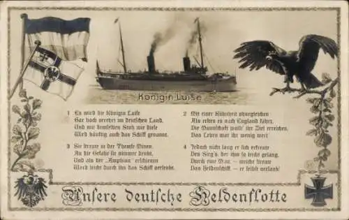 Gedicht Ak Deutsches Kriegsschiff, SMS Königin Luise, Unsere deutsche Heldenflotte, Fahnen