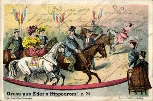 Litho Gruß aus Eder's Hippodrom, Pferde in der Manege, Zirkus