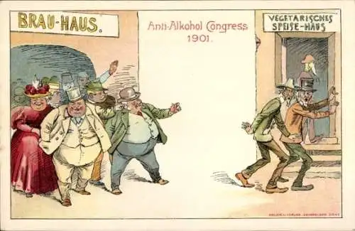 Litho Anti Alkohol Kongress 1901, Brauhaus, vegetarisches Speishaus