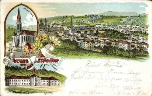 Litho Sankt Gallen Stadt Schweiz, Gesamtansicht, St. Leonhard, Kaserne