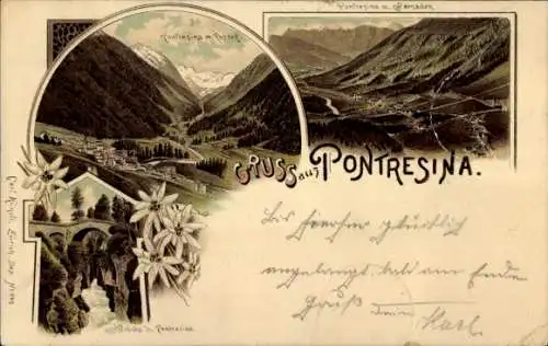 Litho Pontresina Kanton Graubünden Schweiz, Morteratsch Gletscher, Panorama, Brücke