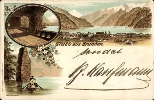 Litho Brunnen Kt Schwyz, Axenstrasse, Vierwaldstättersee, Schillerstein