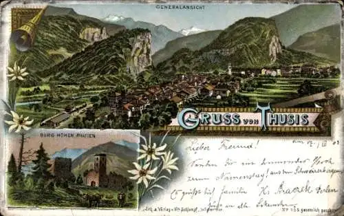 Litho Thusis Kt. Graubünden Schweiz, Generalansicht, Burg Hohenrätien