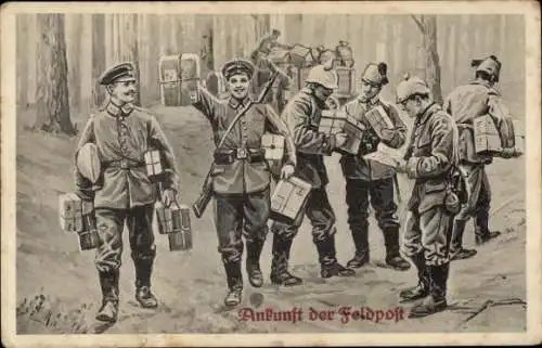 Künstler Ak Deutsche Soldaten bei der Ankunft der Feldpost, Pakete, 1. WK