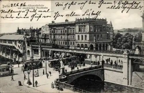 Ak Berlin Kreuzberg, Belle Alliancebrücke, elektrische Hochbahn, Straßenbahnen