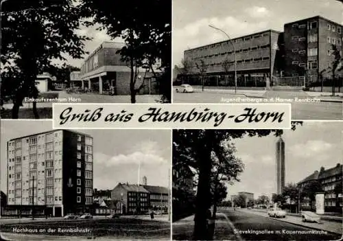 Ak Hamburg Mitte Horn, Einkaufszentrum, Jugendherberge, Hochhaus an der Rennbahnstraße