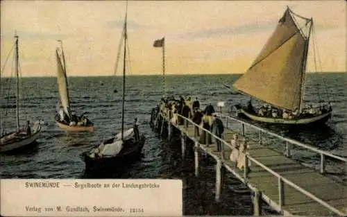 Ak Świnoujście Swinemünde Pommern, Segelboote, Landungsbrücke