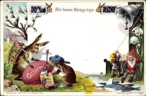 Litho Frohe Ostern, Osterhasen bemalen Osterei, Zwerge läuten Glocke, Weidenkätzchen