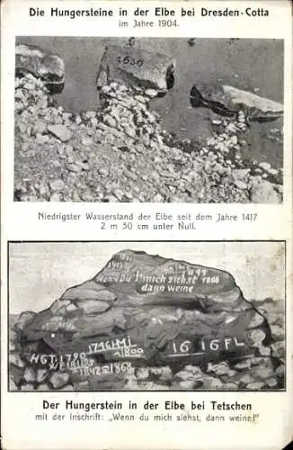 Ak Dresden Cotta, Hungersteine in der Elbe, niedrigster Wasserstand 1904, Hungersteine Tetschen