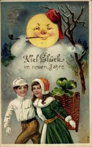 Präge Ak Fröhliches Neujahr, Mond mit Pfeife, Kinder, Glücksklee