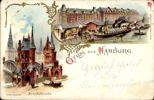 Litho Hamburg Mitte Altstadt, Lagerhäuser am Ufer, Dampfschiff, Brooksbrücke