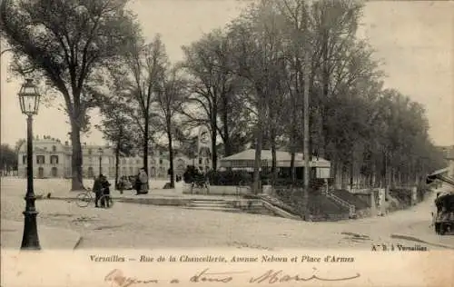 Ak Versailles Yvelines, Rue de la Chancellerie, Avenue Nebveu, Place d'Armes