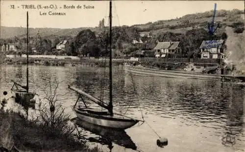 Ak Triel Yvelines, Bords de Seine, Les Coteaux, Uferpartie, Segelboote, Lastkahn