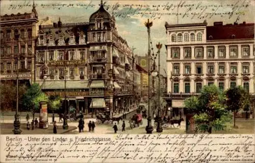 Litho Berlin Mitte, Unter den Linden und Friedrichstraße, Hotel Bauer, Tram