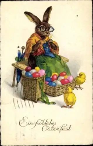 Ak Glückwunsch Ostern, Strickende Häsin, Küken, Eier