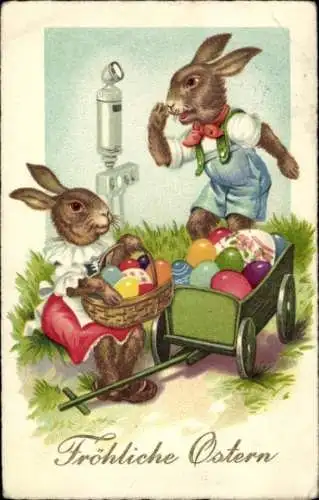 Ak Glückwunsch Ostern, Vermenschlichte Hasen mit Ostereiern, Handkarren