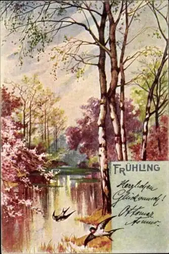 Litho Frühling, Allegorie, Jahreszeit, Schwalben, Wald, Fluss, Baumblüte