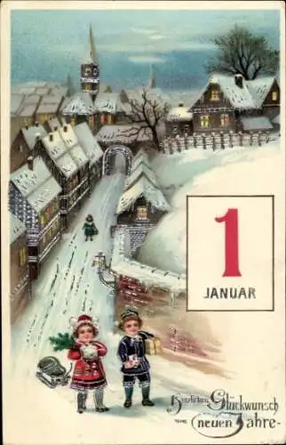 Ak Glückwunsch Neujahr, Kinder, Schlitten, Kalender